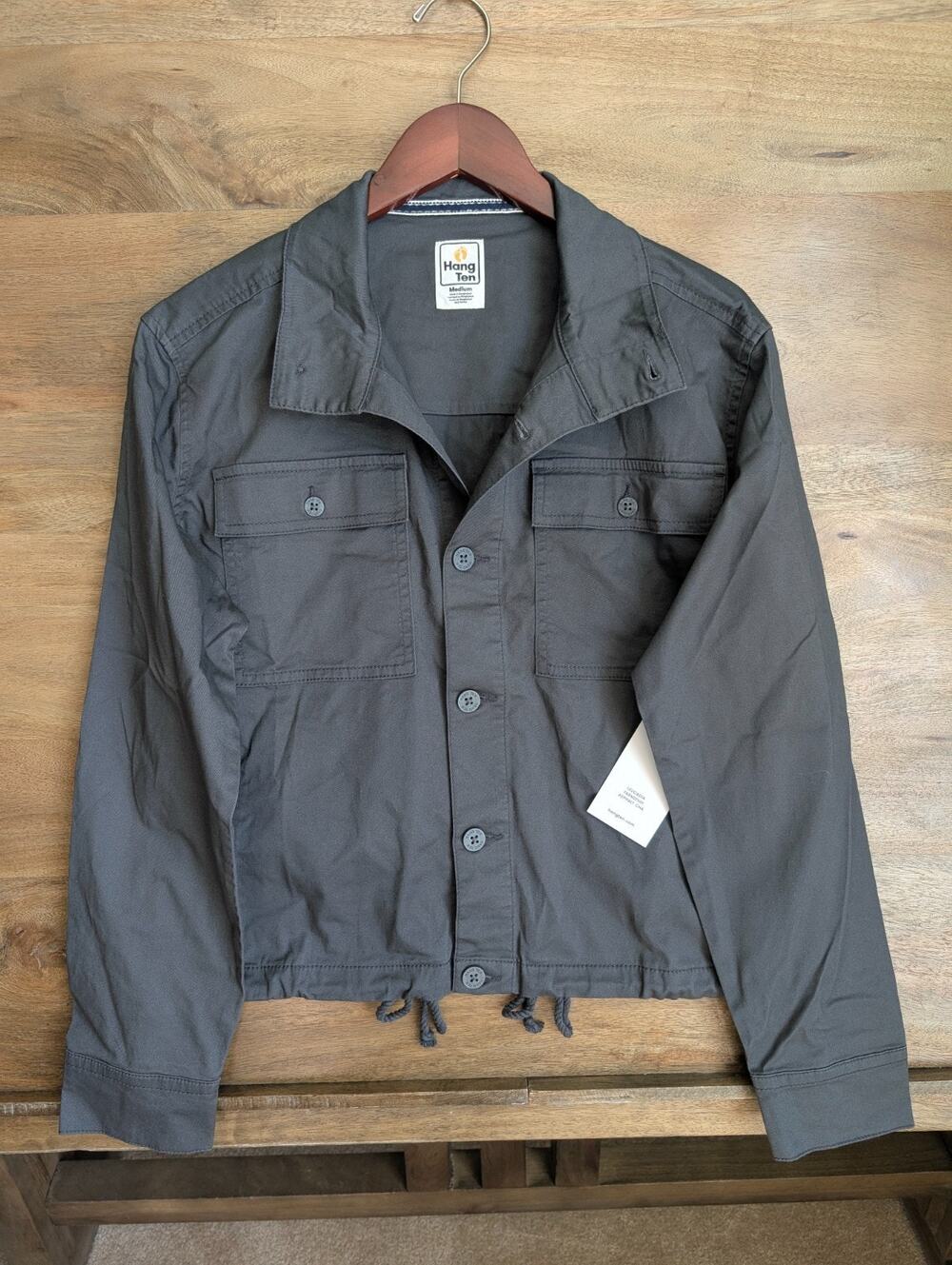 NWT Hang Ten Jacket Womens M Dark Gray Twill Utility Long Sleeve Button Front